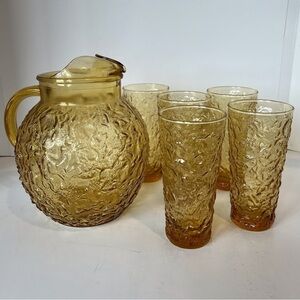 Mid Century Anchor Hocking Milano Lido Honey Gold Pitcher with 5 Glasses
